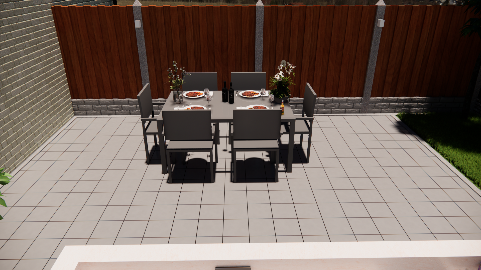 Strakke achtertuin in Zwolle met keramische tegels en hardhouten schutting