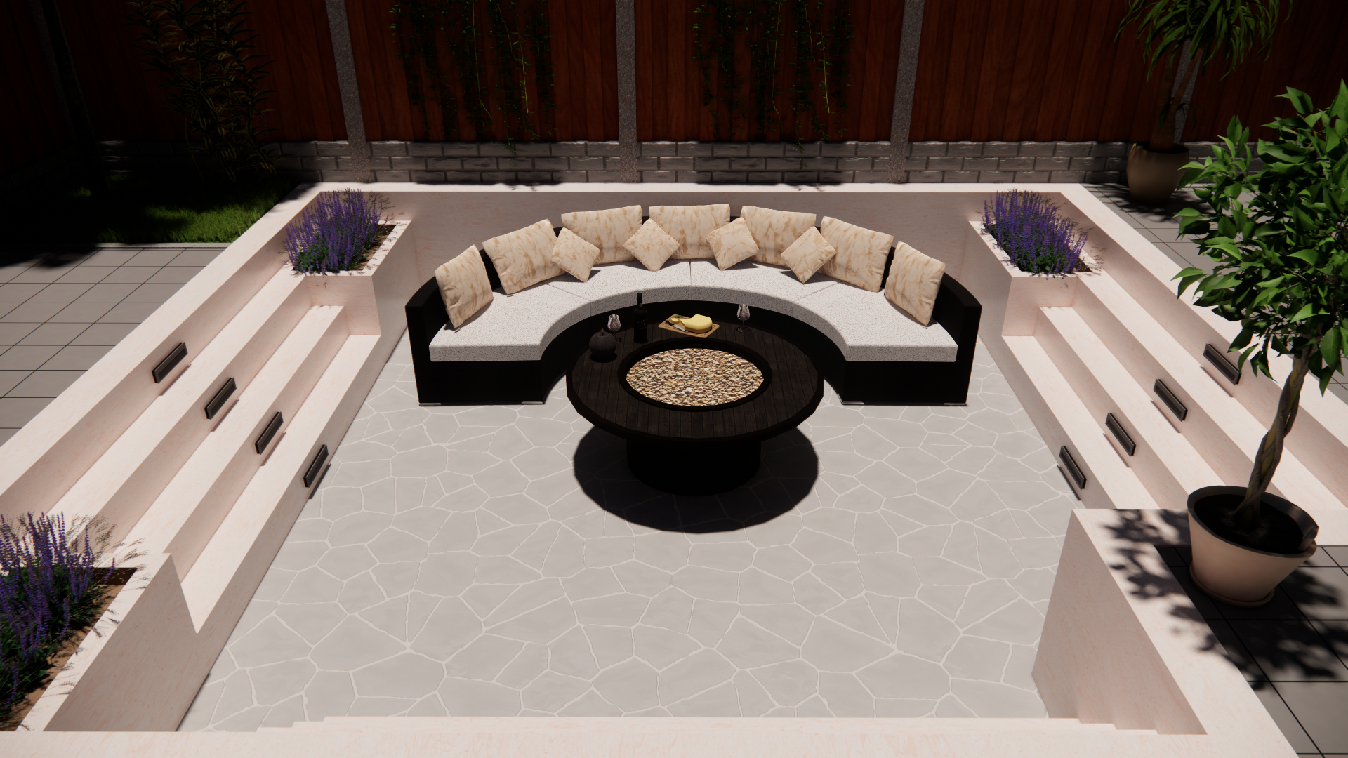 Verdiepte zithoek in moderne tuin Zwolle met geïntegreerde plantenbakken