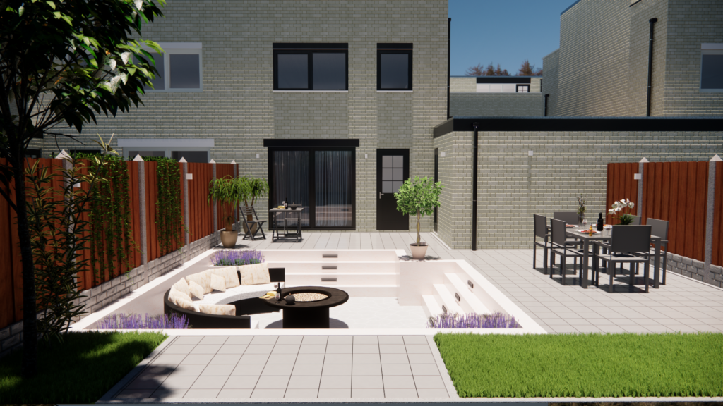 Moderne tuin in Zwolle met verzonken loungegedeelte en geïntegreerd lichtplan, ontworden in 3D door Gardenn.