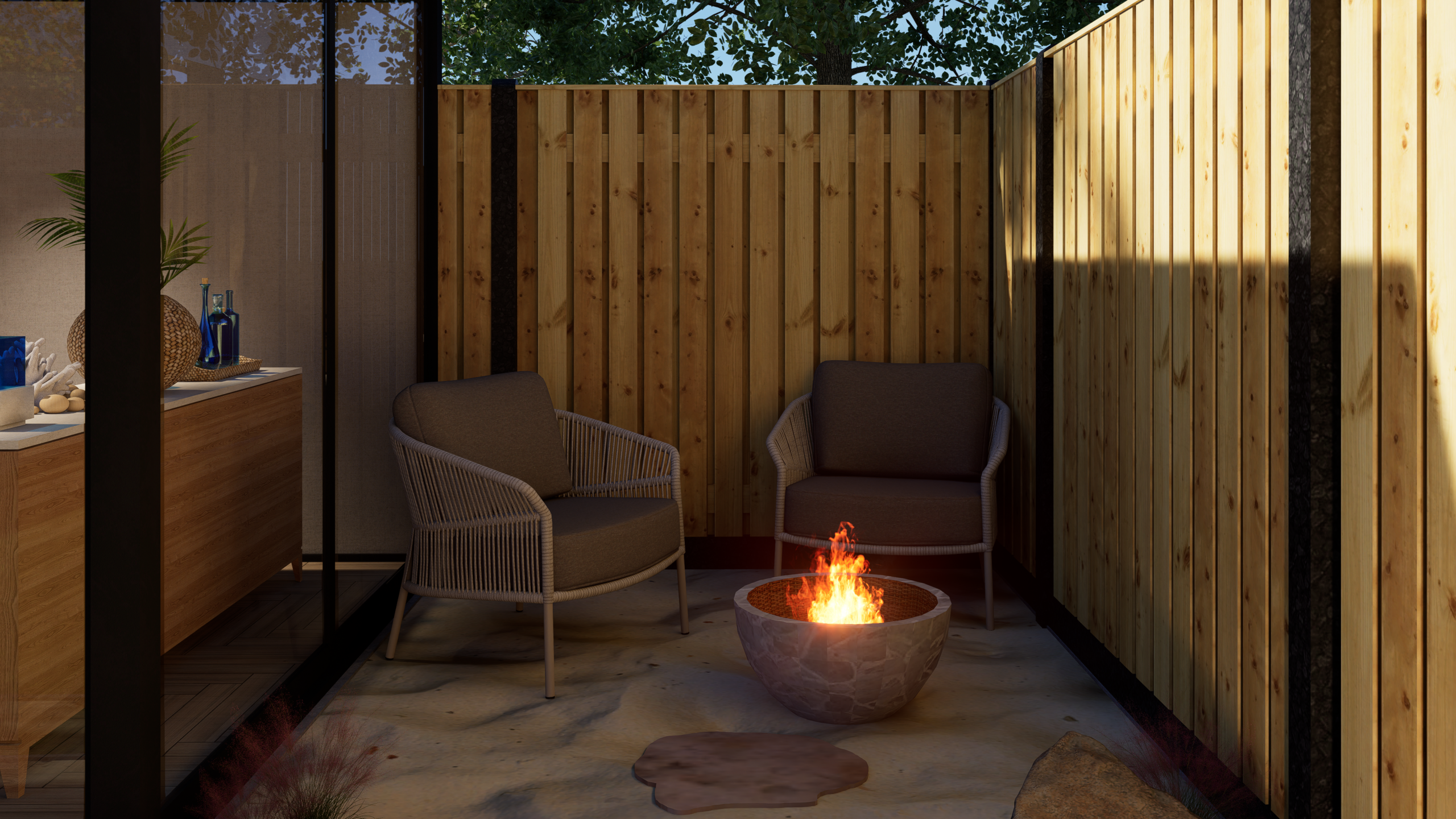 Lounge hoek met vuurschaal dichtbij
